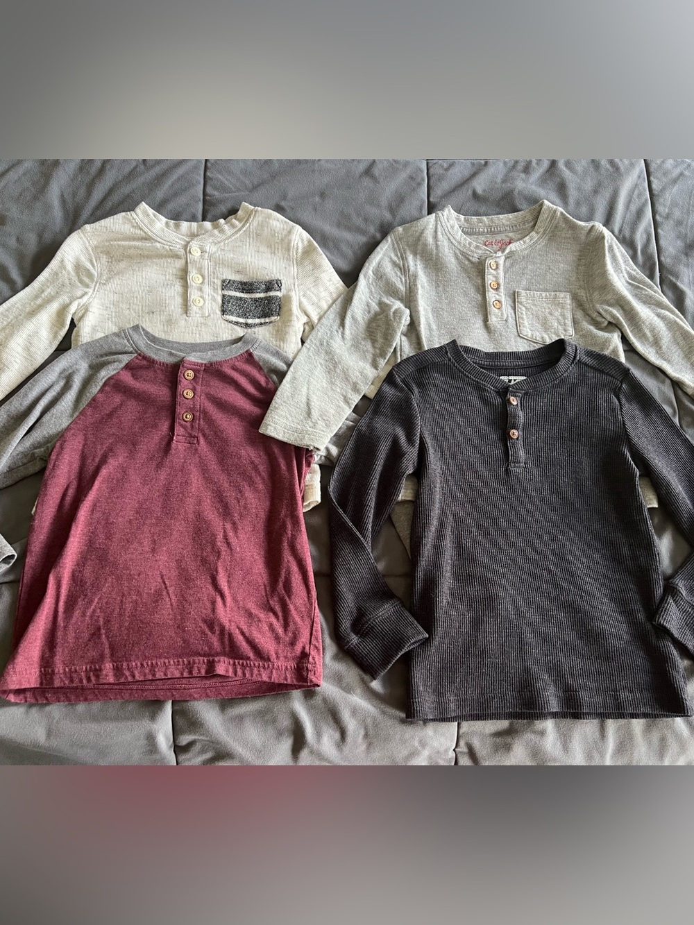 Long Sleeve Henley Tops - Maroon, Cream, Light Gray, Black